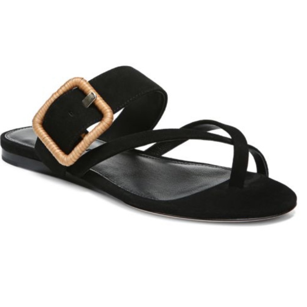 Veronica Beard Black Sandal with Natural Rattan Buckle